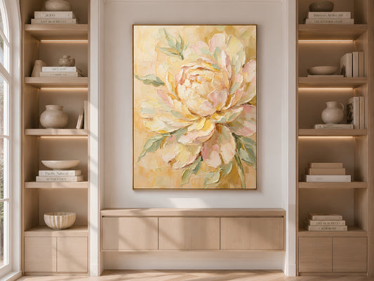 Butter Yellow Peony Wall Art, Blush Pink Impasto Floral Print - Digital Download