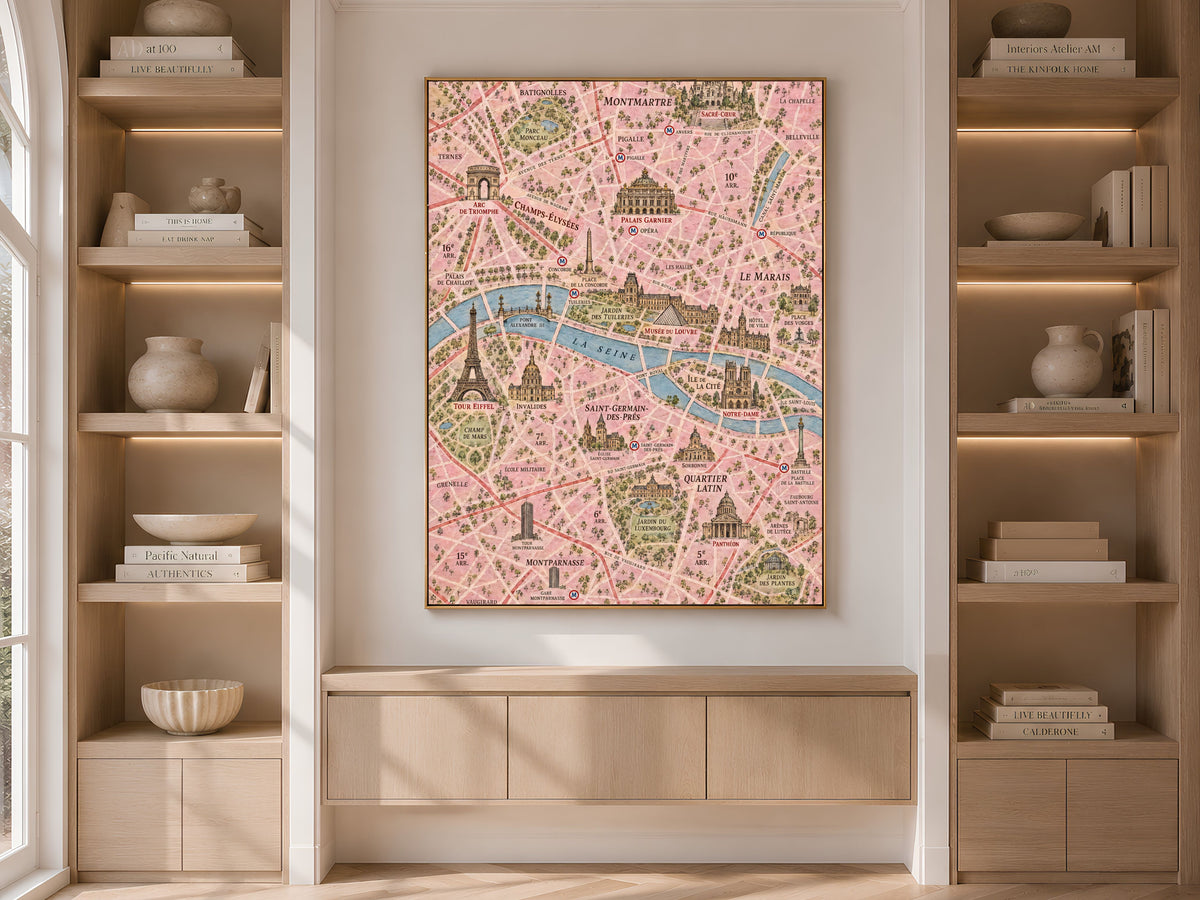 Paris Map Wall Art, Illustrated City Map Print - Digital Download