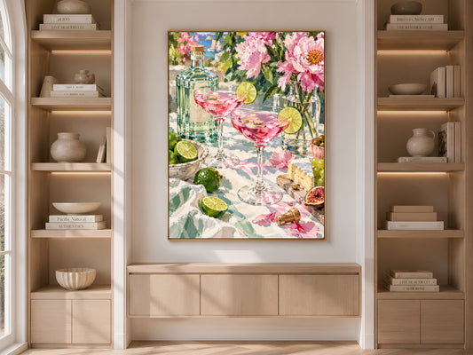 Pink Cocktail Wall Art, Impasto Oil Painting Print - Digital Download