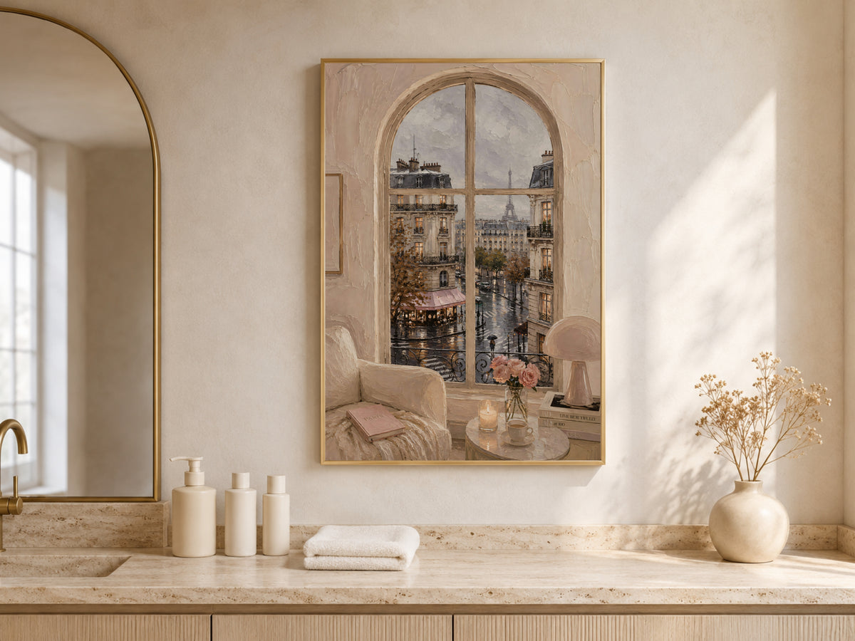 Paris Window Wall Art, Rainy Eiffel Tower View Print - Digital Download