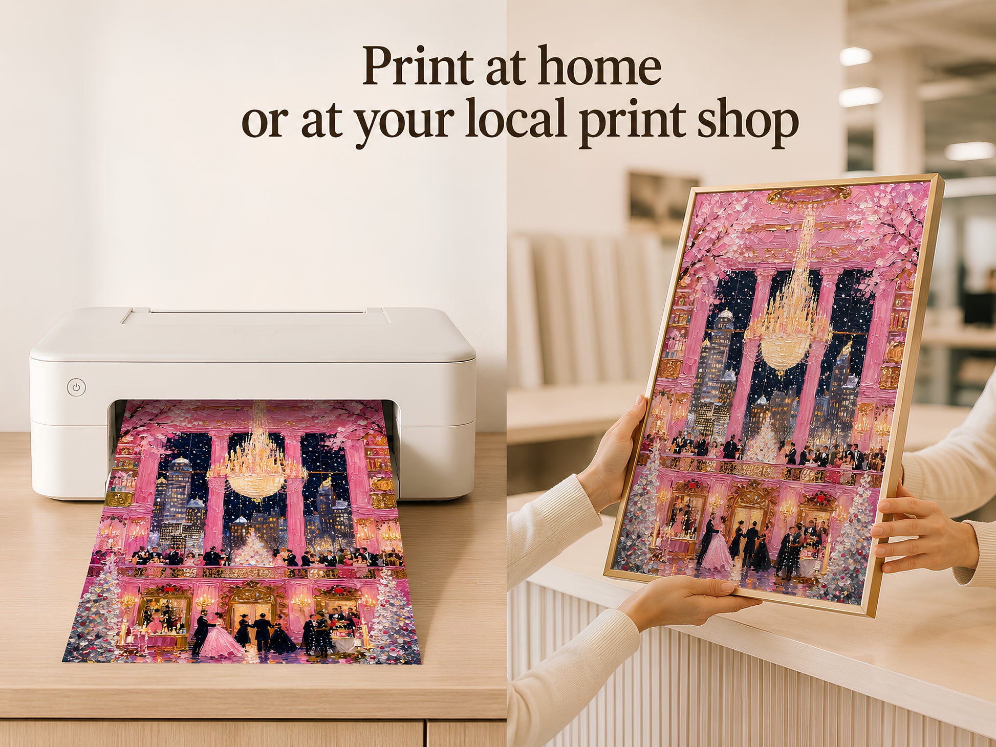 Hands holding printed pink ballroom chandelier gala art coming out of home printer with print at home text overlay
