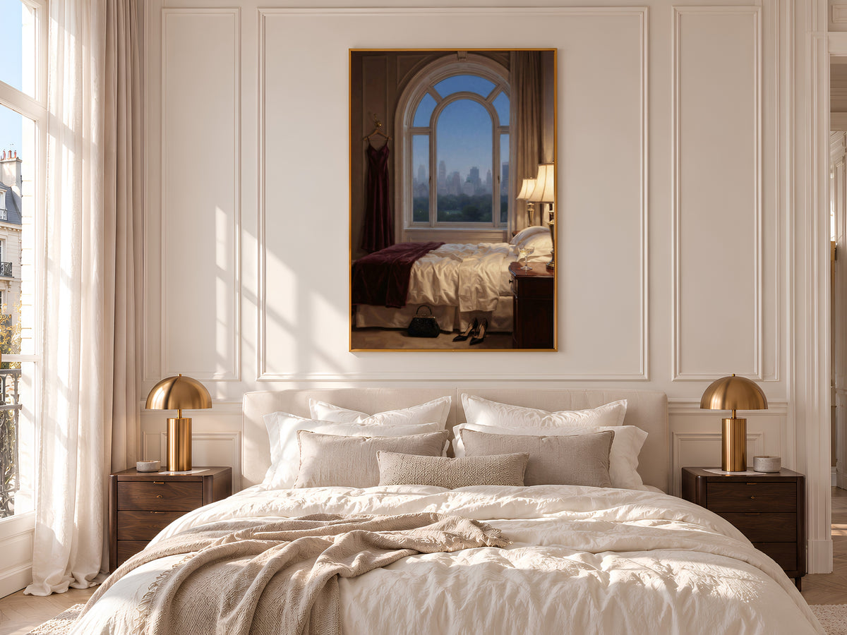 Old Money Bedroom Painting Print, City View Window Art, Moody Burgundy Wall Art, Printable Digital Download