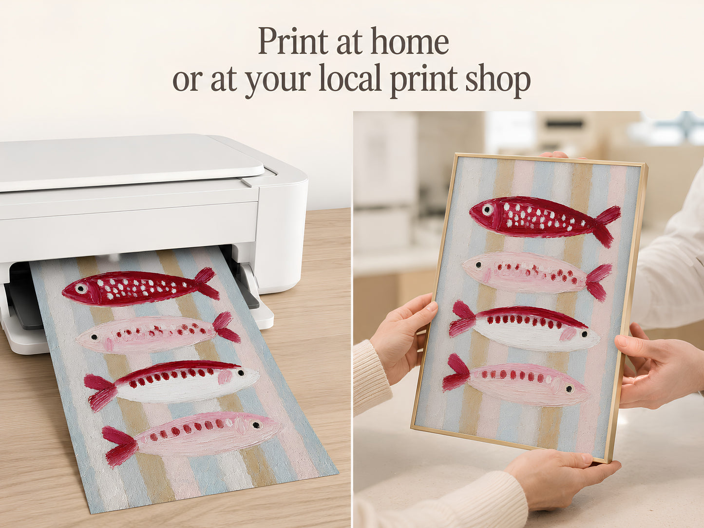 Print at home mockup showing the pink and red sardine fish art printing from a white home printer with a hand pulling the sheet

