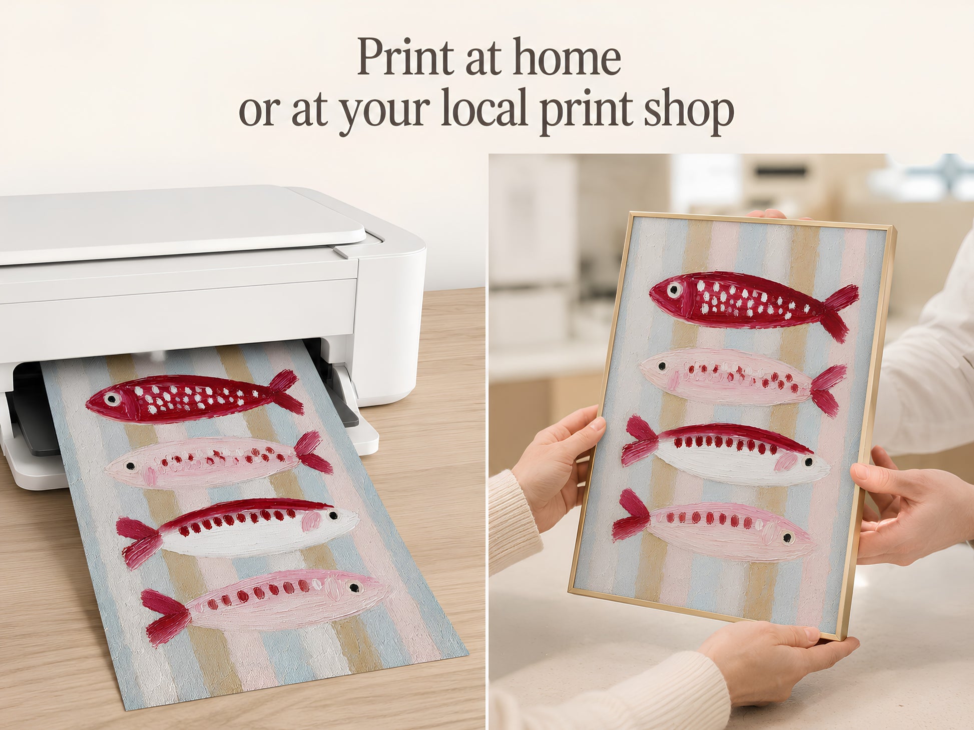 Print at home mockup showing the pink and red sardine fish art printing from a white home printer with a hand pulling the sheet

