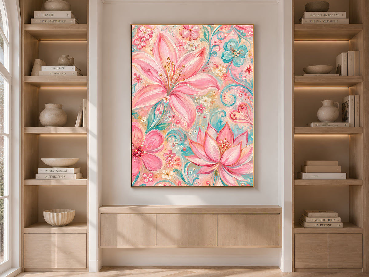 Pink Floral Wall Art, Pastel Lily and Lotus Painting, Pink and Teal Impasto Style Flower Print, Printable Digital Download