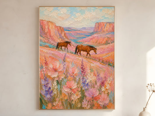 Two chestnut horses walking through a pink and lavender wildflower canyon impasto oil painting print in a gold frame leaning against a warm white wall with dried botanicals, showing the full painting with terracotta canyon walls, turquoise river valley, and creamy impasto sky

