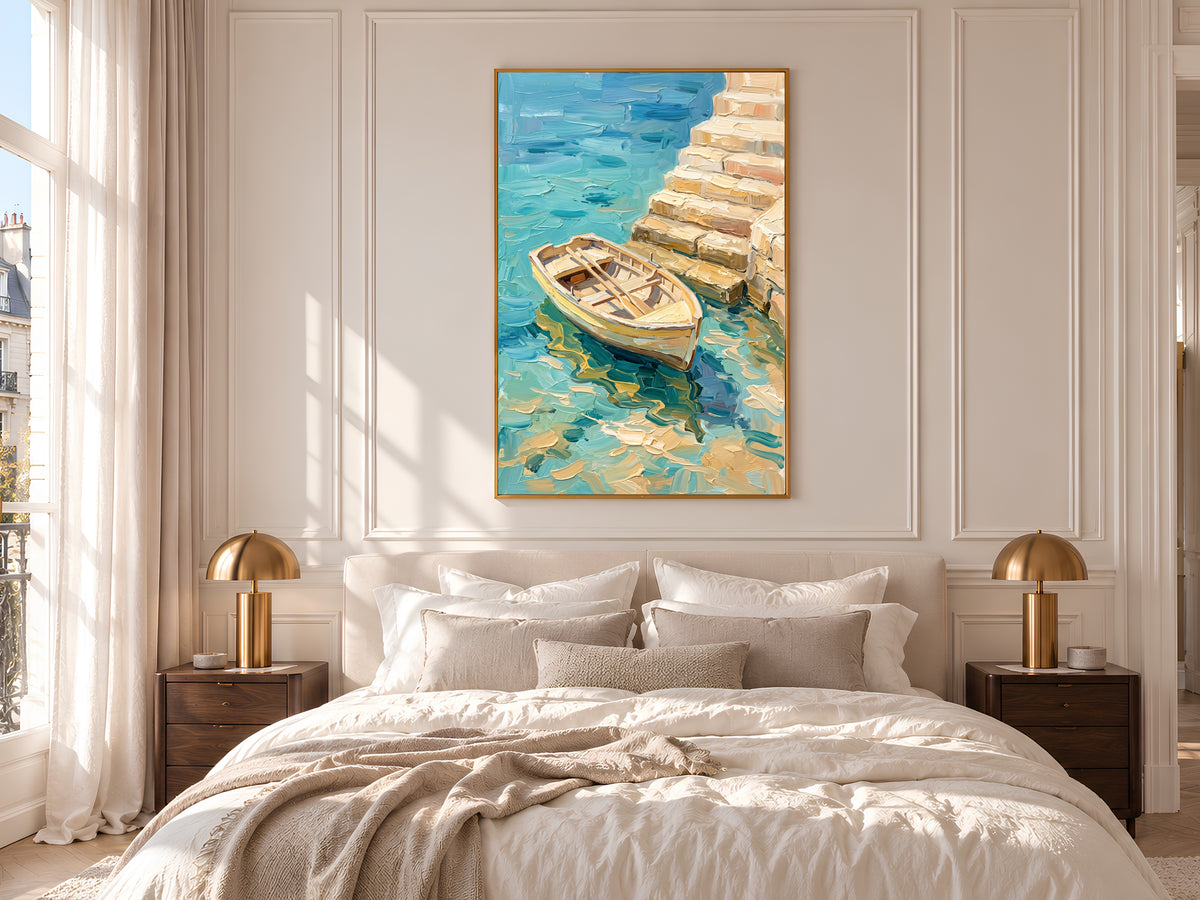 Rowboat Painting Print, Turquoise Sea Boat Art, Textured Coastal Wall Art, Mediterranean Decor, Printable Digital Download