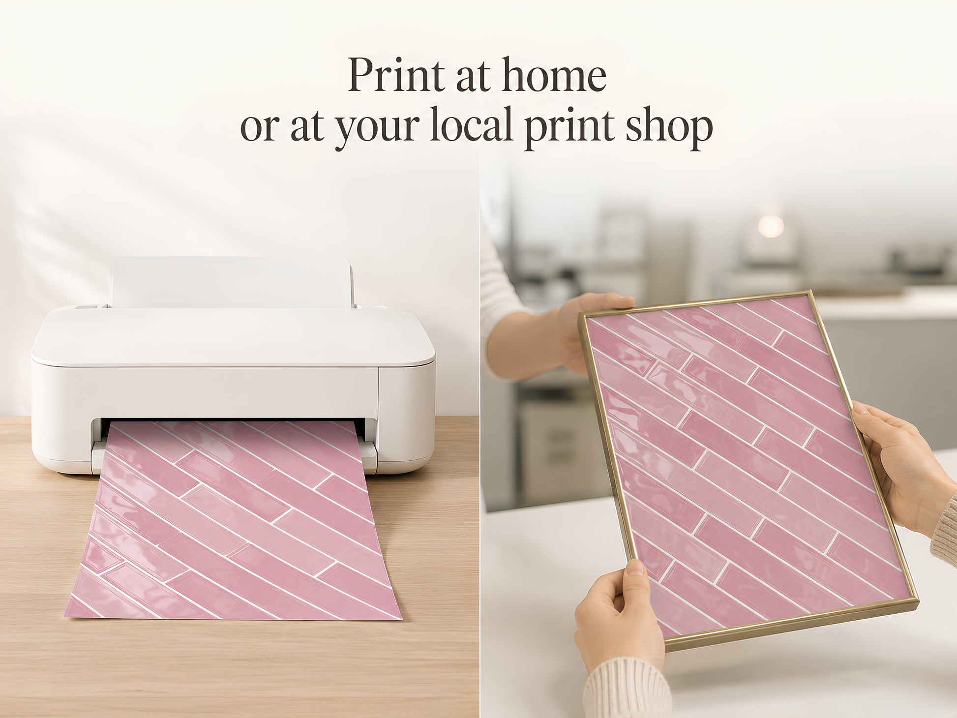 Print at home or at your local print shop slide showing hands holding the pink tile print beside a white home printer

