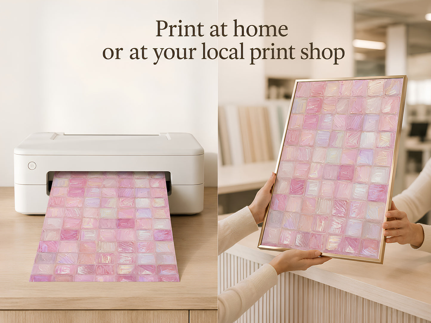 Hands holding printed pink impasto mosaic tile art coming out of home printer with print at home text overlay
