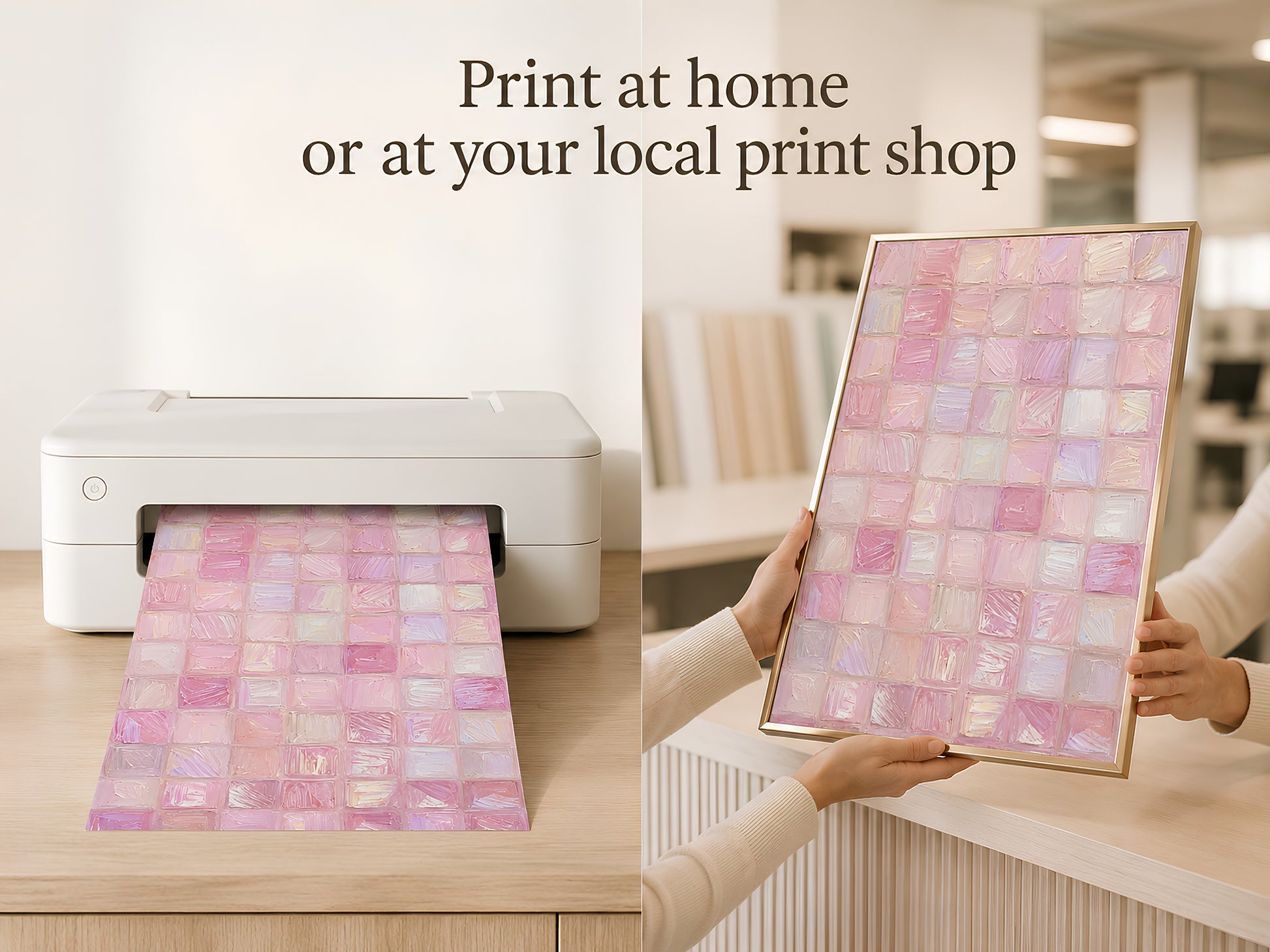 Hands holding printed pink impasto mosaic tile art coming out of home printer with print at home text overlay
