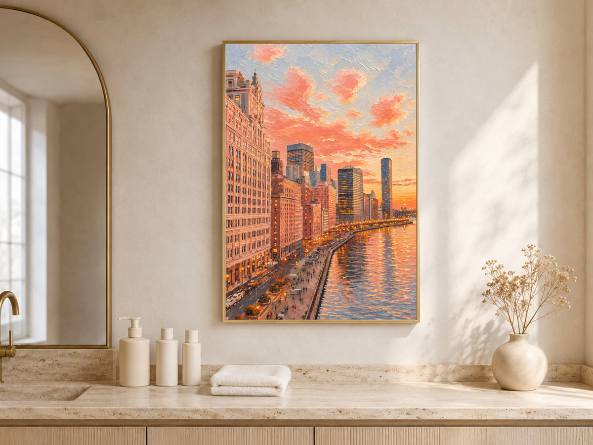 City skyline sunset wall art above a bathroom vanity