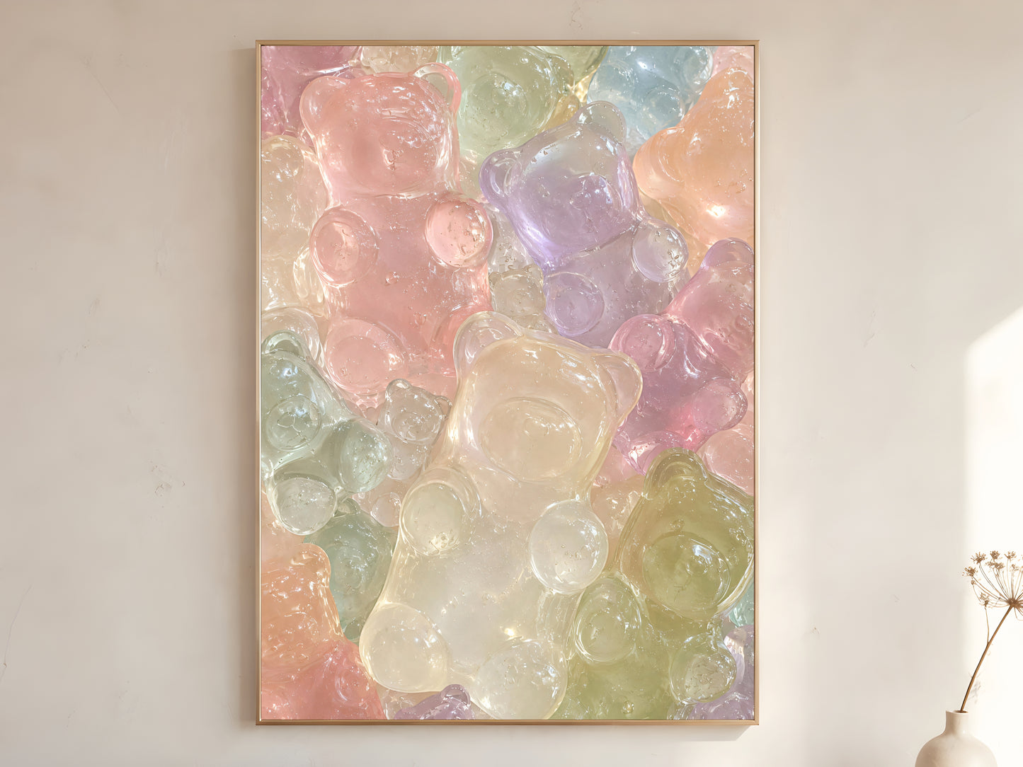 Pink Glass Bear Wall Art Printable, Pastel Murano Inspired Gummy Bear Artwork, Luxury Coastal Decor Digital Download