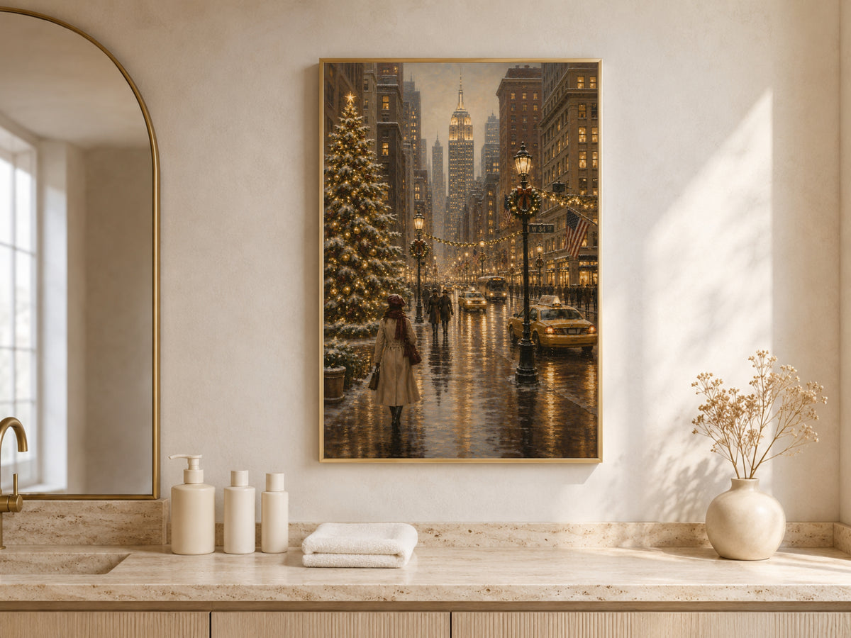NYC Christmas wall art framed print displayed above bathroom vanity with towels
