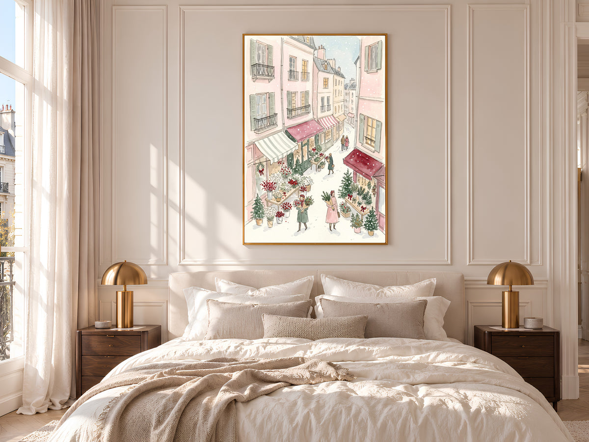 Christmas Flower Market Print, Snowy Paris Street Watercolor, Pastel Pink Holiday Art, Digital Download