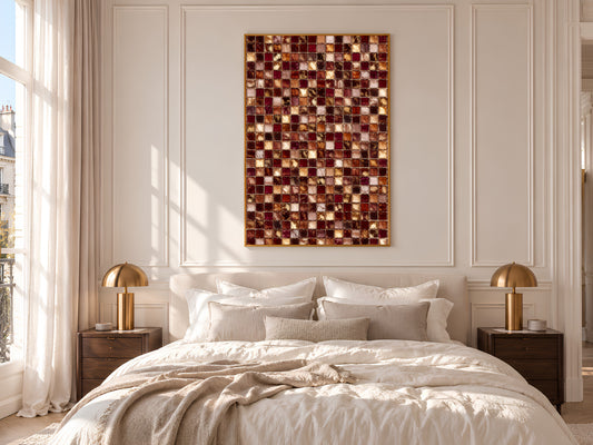 Burgundy and Gold Mosaic Tile Wall Art Print, Wine Red, Blush and Amber Tile Grid Painting, Printable Moody Warm Decor, Digital Download