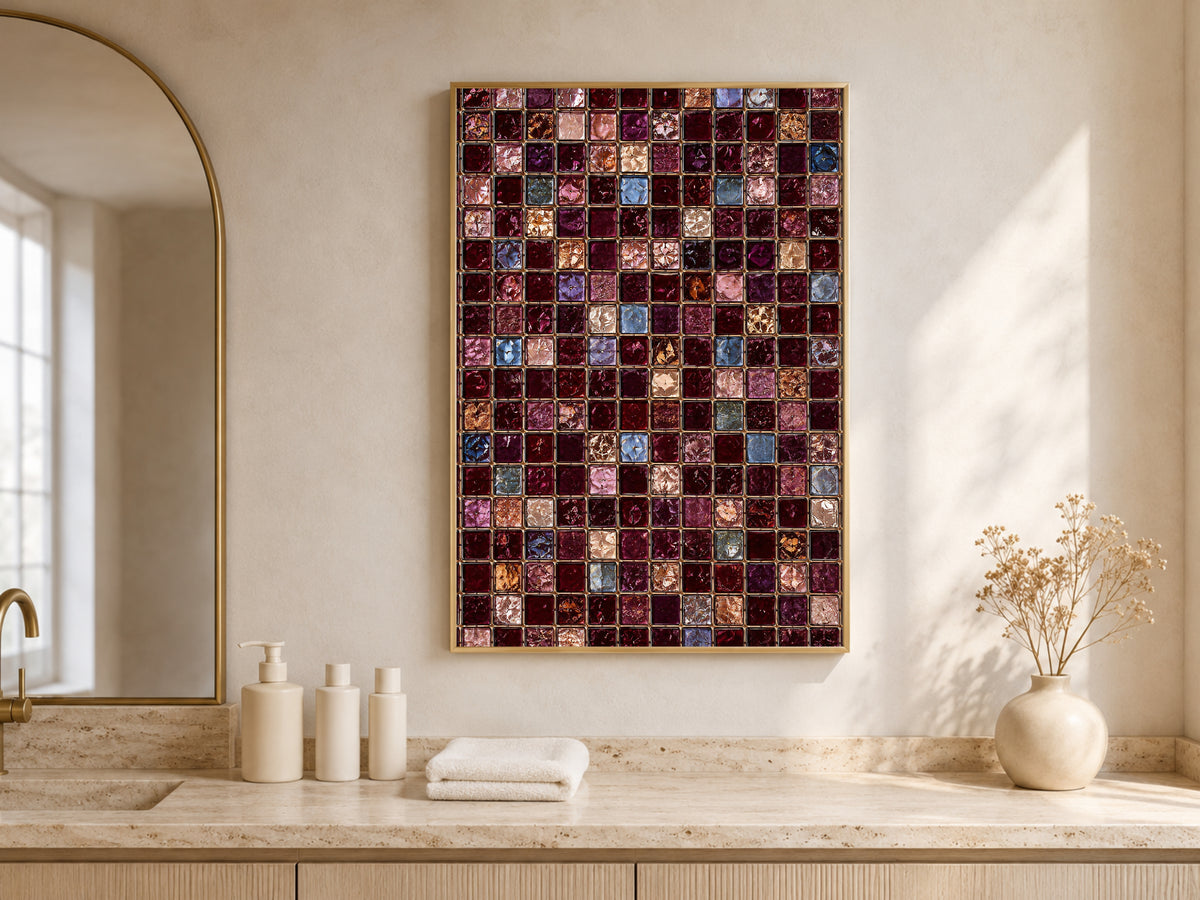 Jewel Tone Mosaic Wall Art, Burgundy Gold Tile Print - Digital Download
