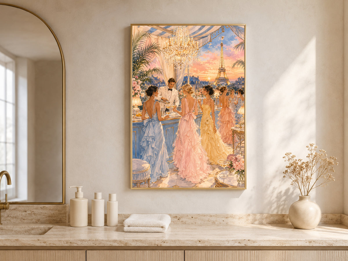 Parisian Rooftop Party Wall Art, Fashion Illustration Print - Digital Download