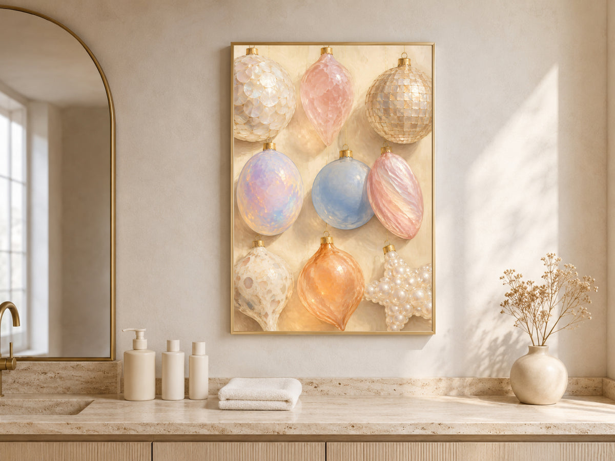 Iridescent ornament wall art framed above a bathroom vanity with candles and towels