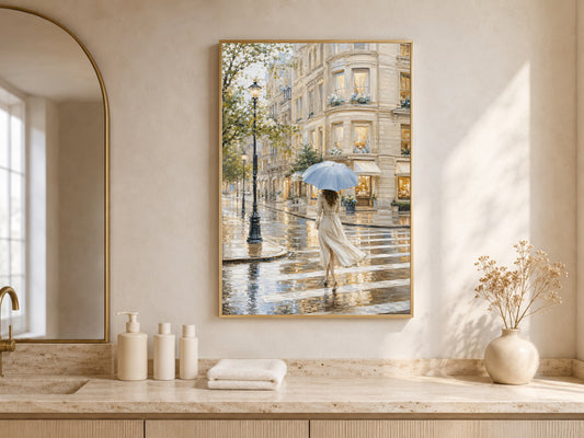 Woman With Umbrella Print, Rainy European Street Painting - Digital Download