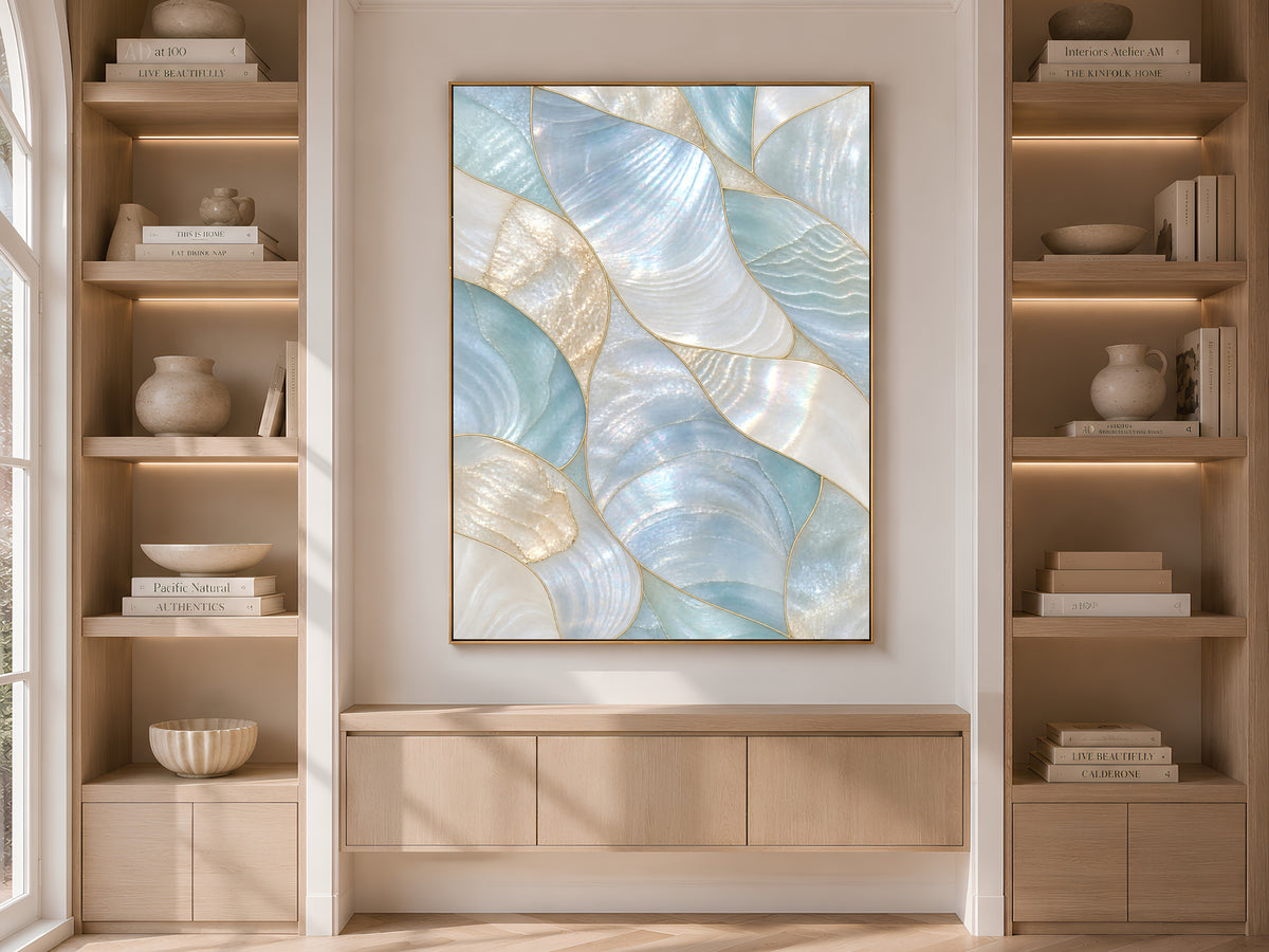 Aqua Mother of Pearl Wall Art, Seafoam Iridescent Shell Print, Coastal Bathroom Decor, Patina Blue Poster, Beach House, Instant Download