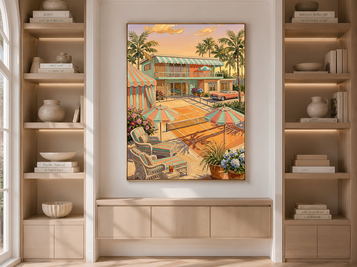 Retro Palm Springs Tennis Wall Art, Pastel Mid-Century Pool House Print - Digital Download