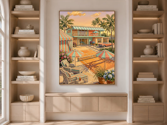 Retro Palm Springs Tennis Wall Art, Pastel Mid-Century Pool House Print - Digital Download