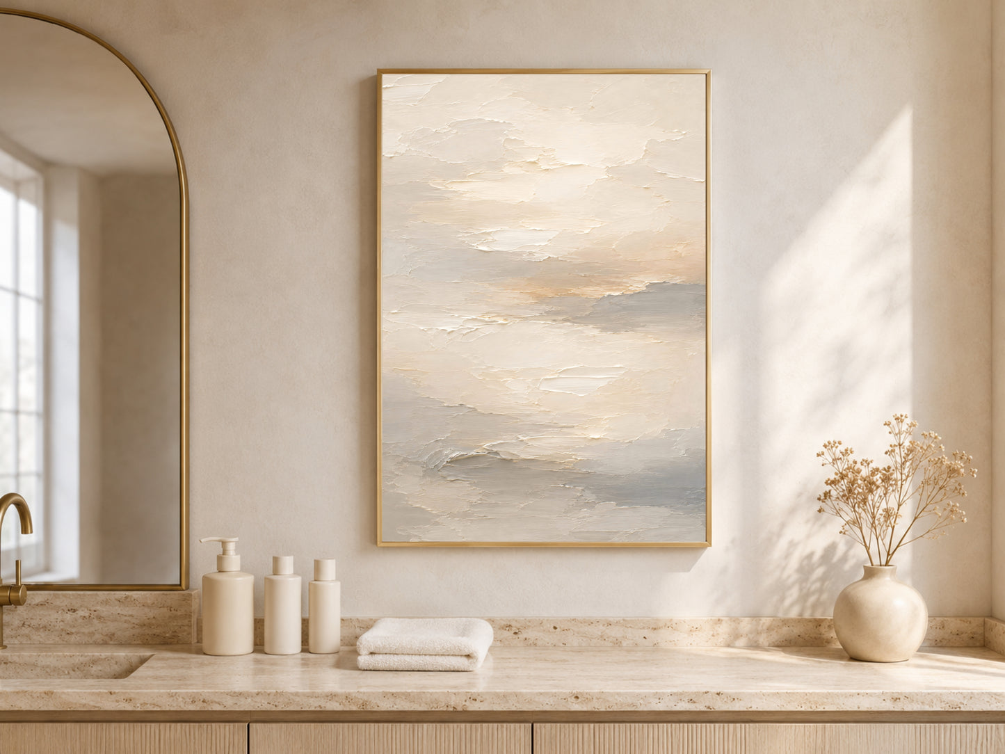 Neutral cream abstract wall art print framed above a vanity in a sunlit arched-window room