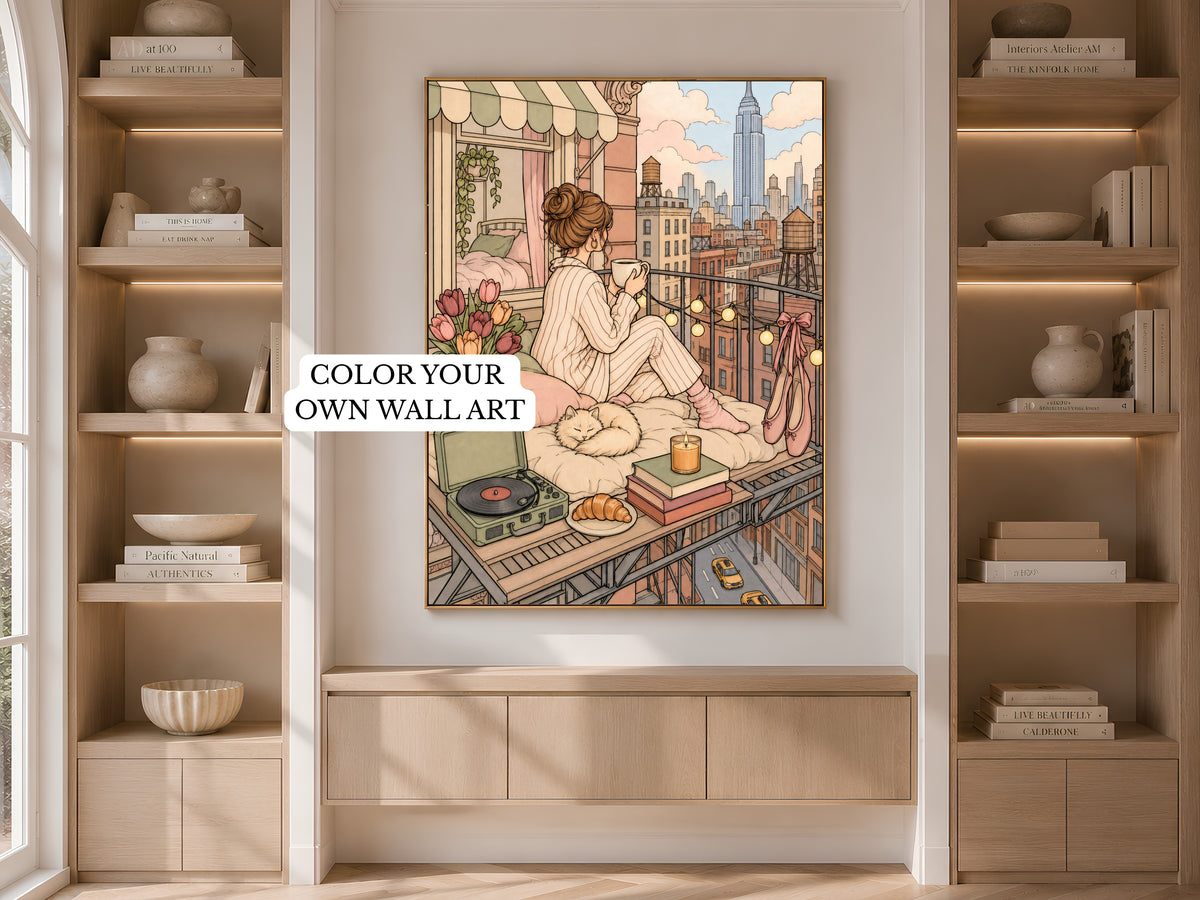 Color Your Own Wall Art, NYC Apartment Line Art Print - Digital Download