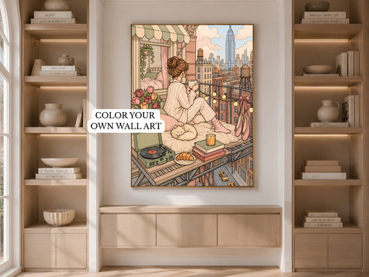 Color Your Own Wall Art, NYC Apartment Line Art Print - Digital Download