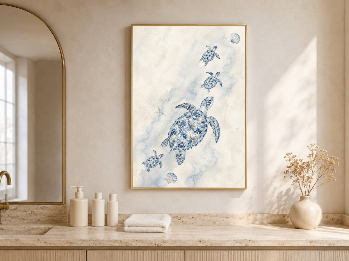 Sea Turtle Family Wall Art, Watercolor Mother Baby Turtles - Digital Download