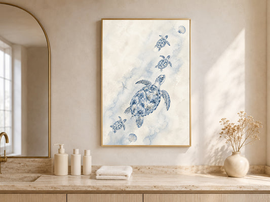 Sea Turtle Family Wall Art, Watercolor Mother Baby Turtles - Digital Download