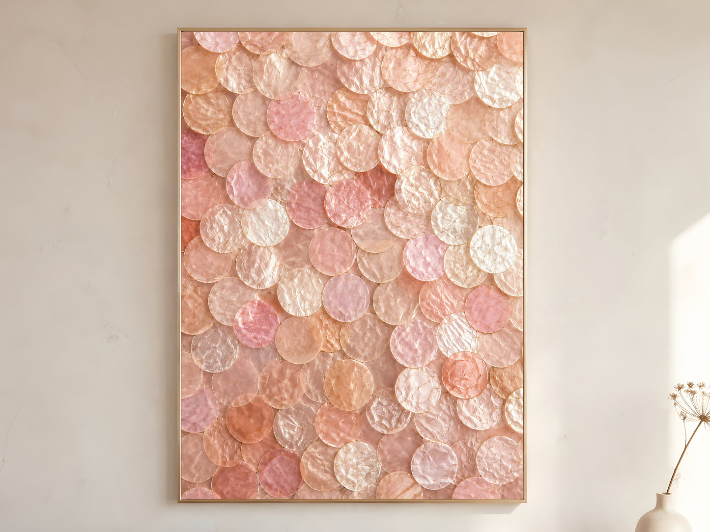 Pink capiz shell wall art printable featuring layered mother-of-pearl discs in blush pink, champagne beige, and pearl white tones displayed in a warm neutral interior.