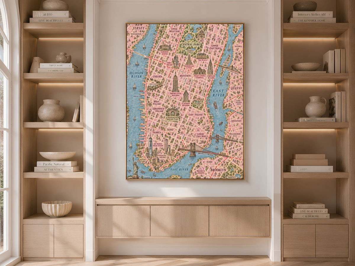 New York City Map Wall Art, Illustrated Manhattan Map Print - Digital Download