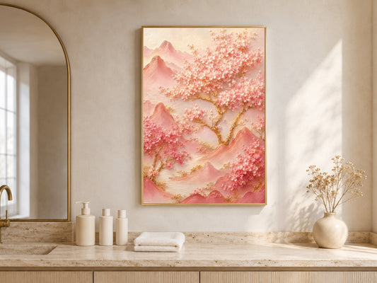 Cherry blossom mountain print in a gold frame on a bathroom double vanity with warm wood cabinetry