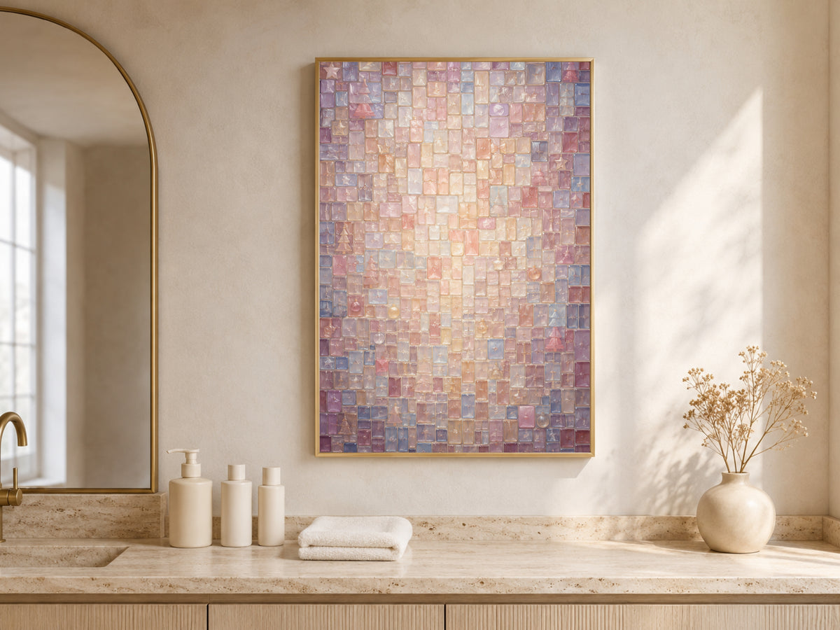 Stained glass mosaic Christmas art framed above a bathroom vanity with mirror and candles