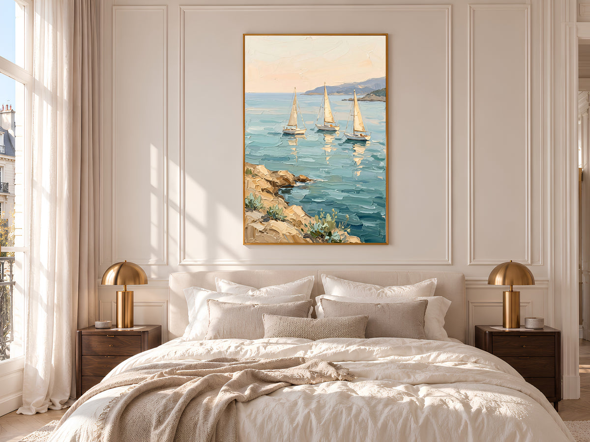 Sailboat Painting Print, Mediterranean Coastal Wall Art, Turquoise Sea and Rocky Shore, Impasto Oil Style Printable, Digital Download