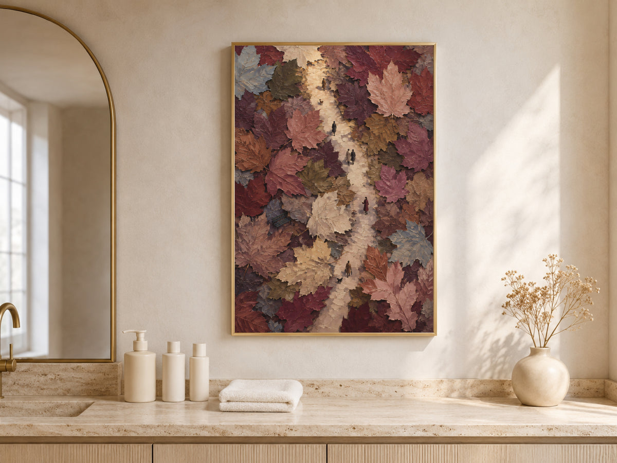 Aerial autumn walk wall art framed above vanity in neutral spa-style bathroom decor