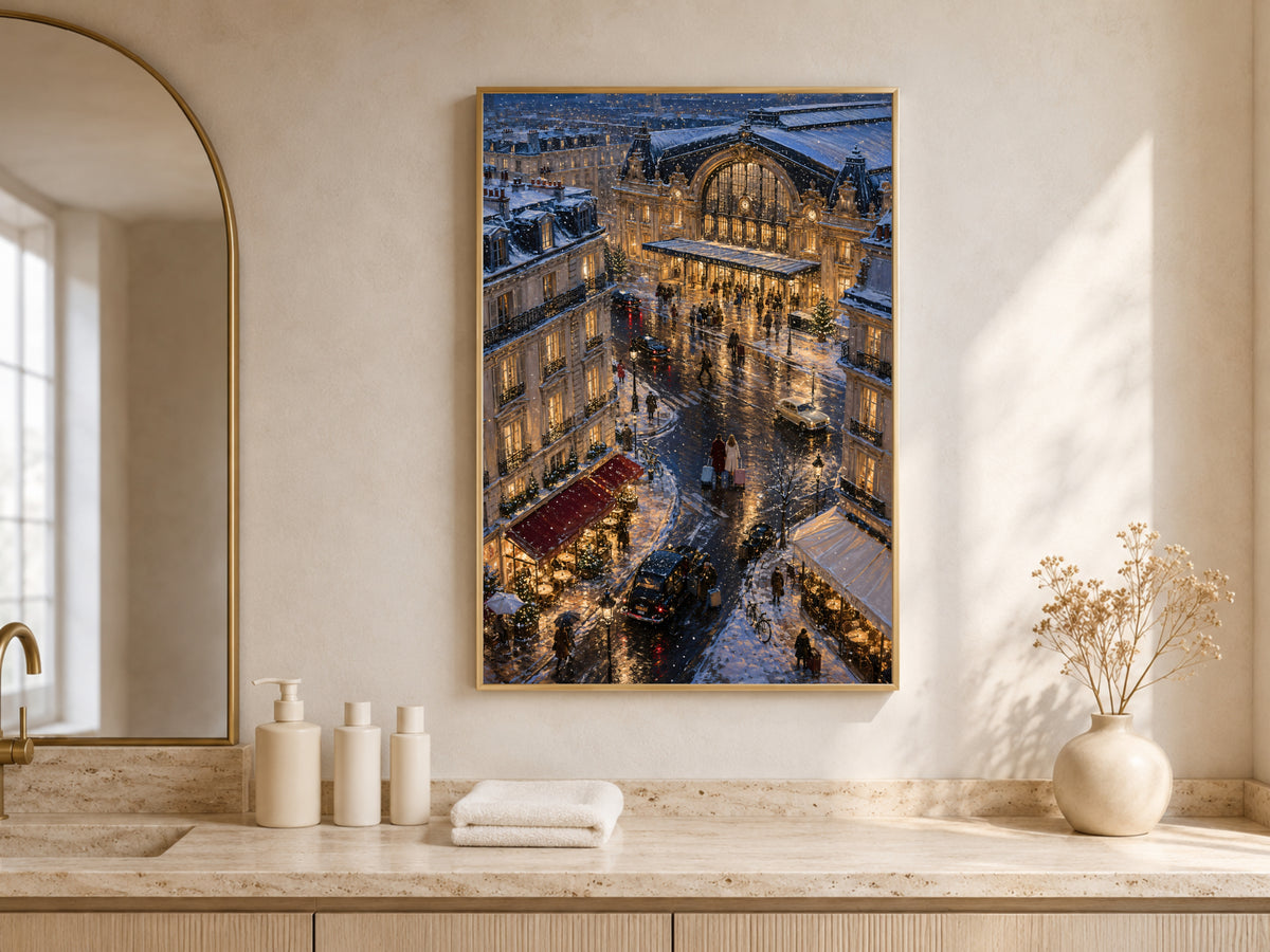 Snowy Paris print framed above bathroom counter styled with candles