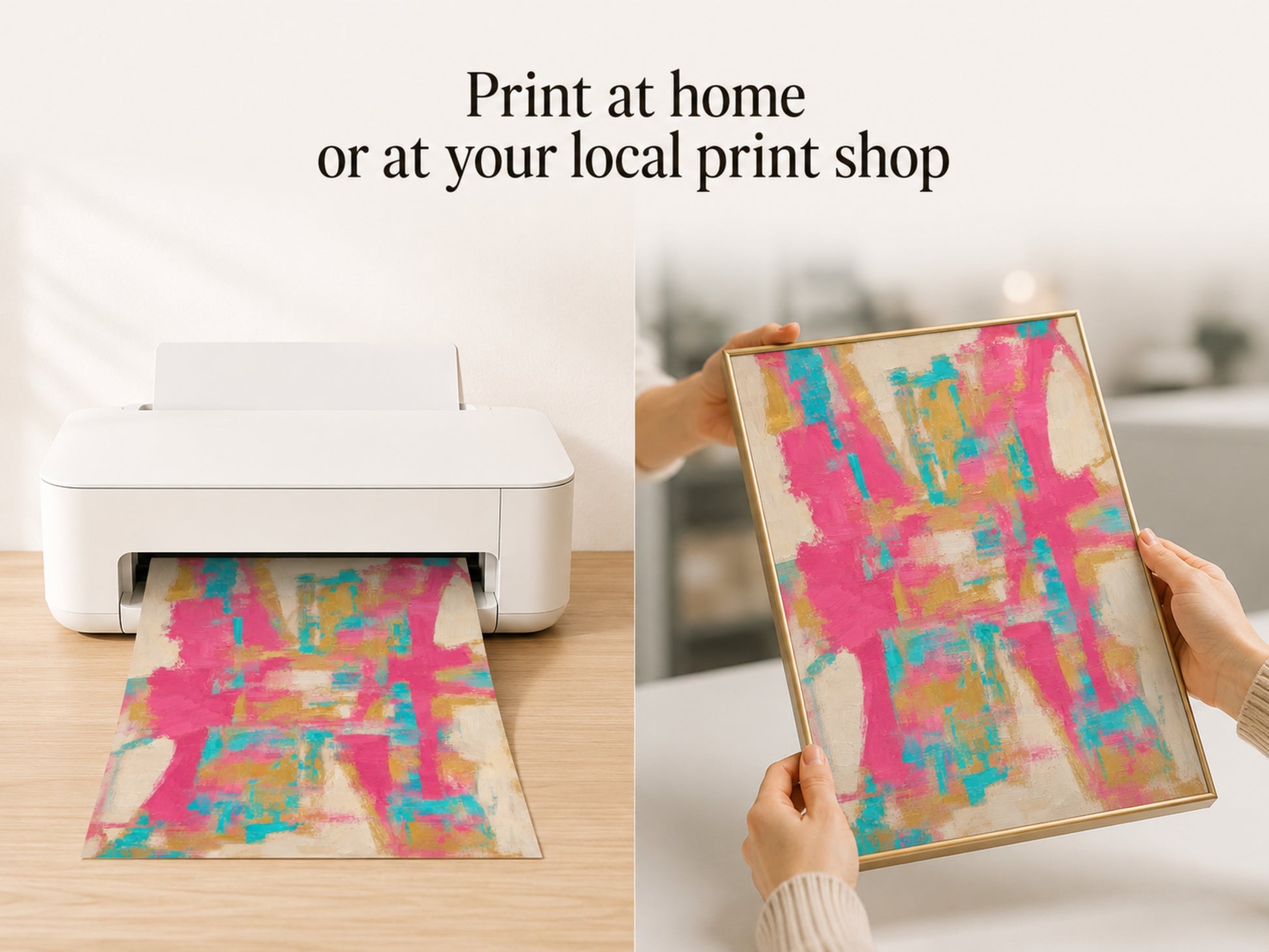 Print at home or at your local print shop lifestyle image with bold pink and teal abstract art being printed

