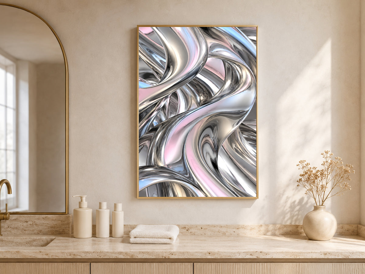 Chrome Liquid Metal Wall Art, Silver Iridescent 3D Abstract Print - Digital Download