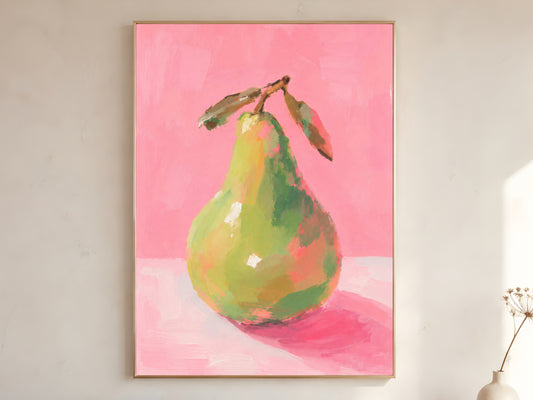 Large framed impasto green pear wall art in gold frame leaning against white wall with dried botanicals in bright minimal room
