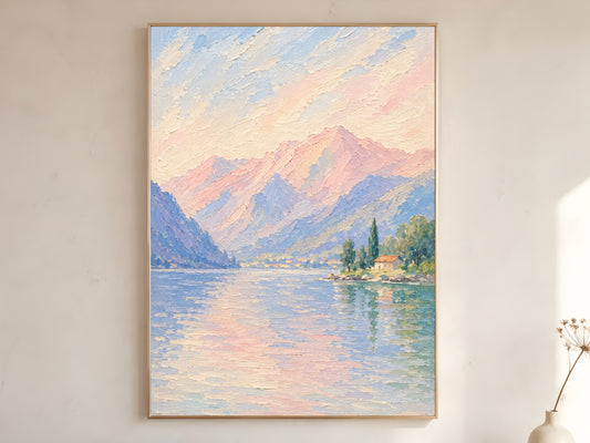 Lake Como wall art print framed and hanging on a neutral wall with a vase and dried branches nearby, pastel mountain sunset reflected in the lake.