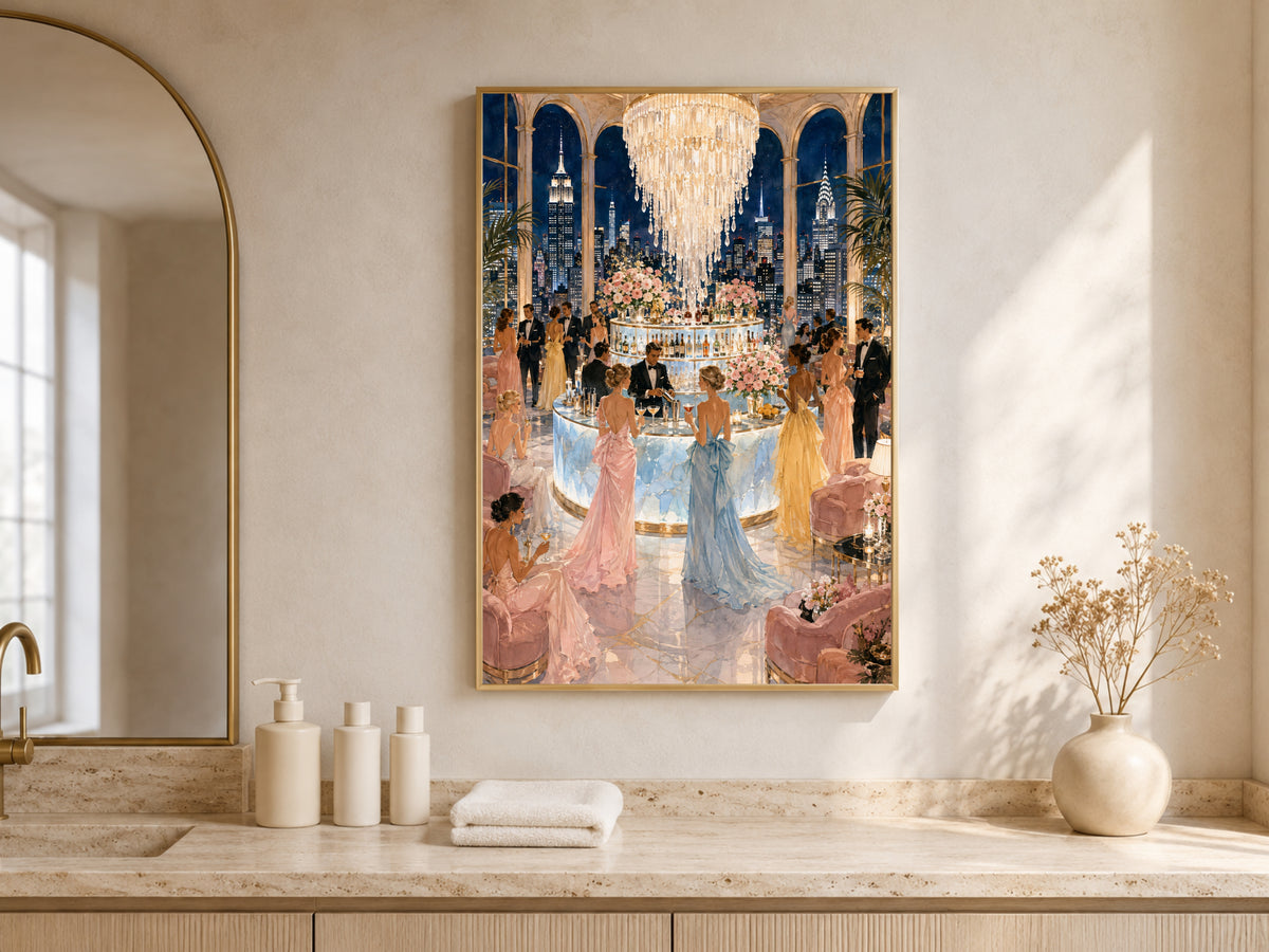 NYC Rooftop Bar Wall Art, Manhattan Skyline Cocktail Party Print - Digital Download