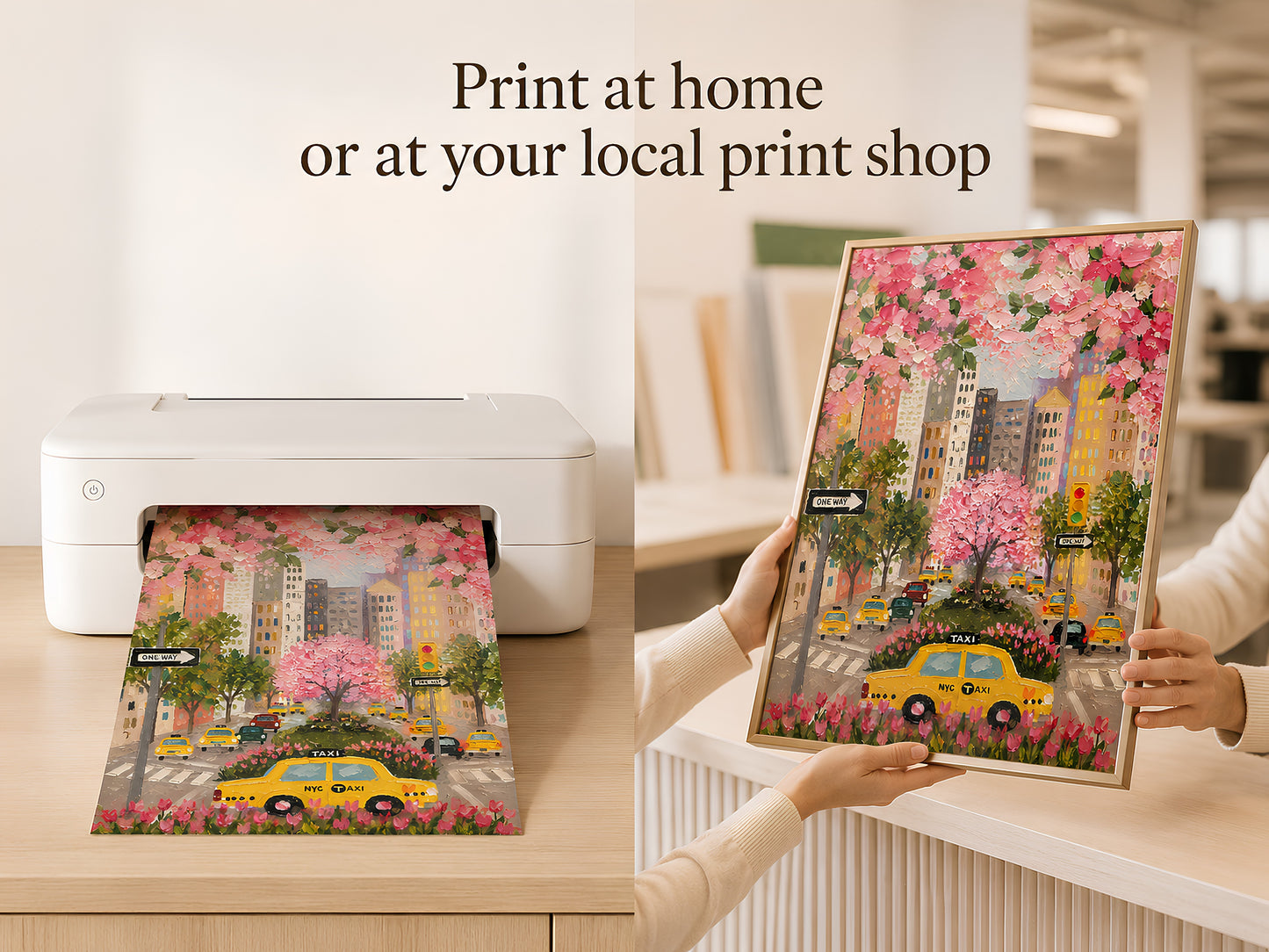 Hands holding printed NYC taxi cherry blossom art coming out of home printer with print at home text overlay
