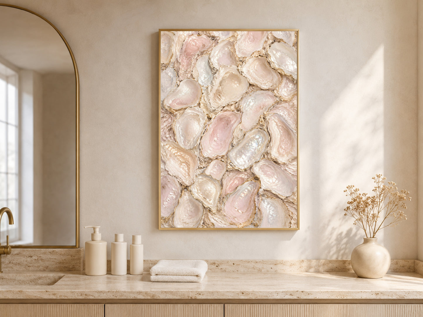 Mother of pearl wall art above dining nook counter, arched neutral interior mockup