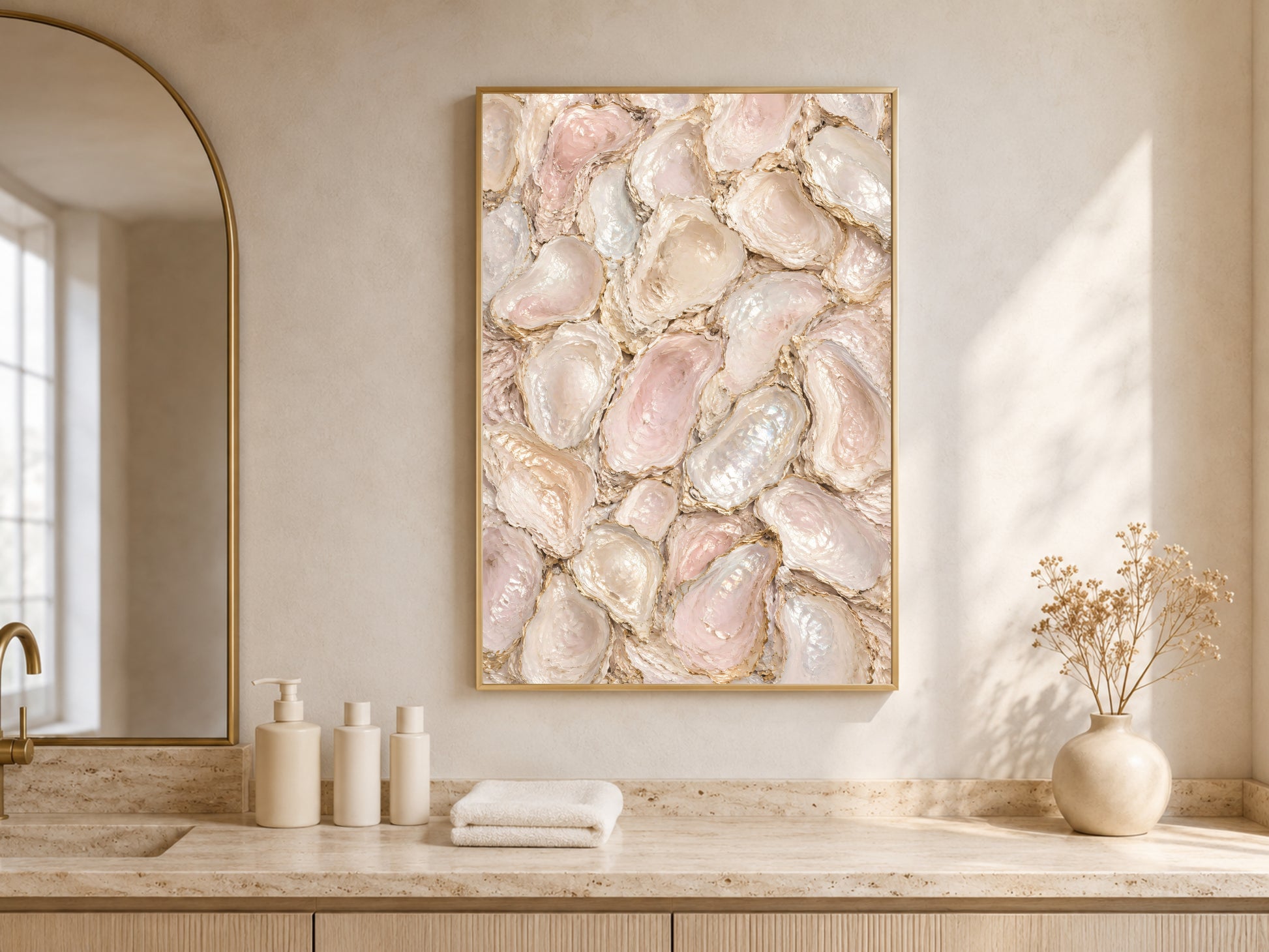 Mother of pearl wall art above dining nook counter, arched neutral interior mockup