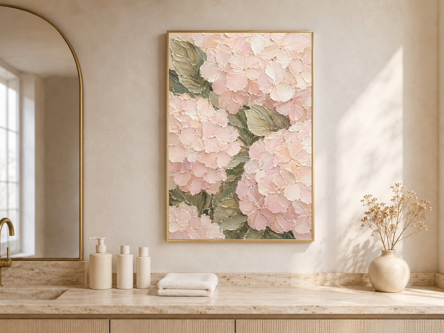 Pink hydrangea impasto print above console table, entryway decor mockup