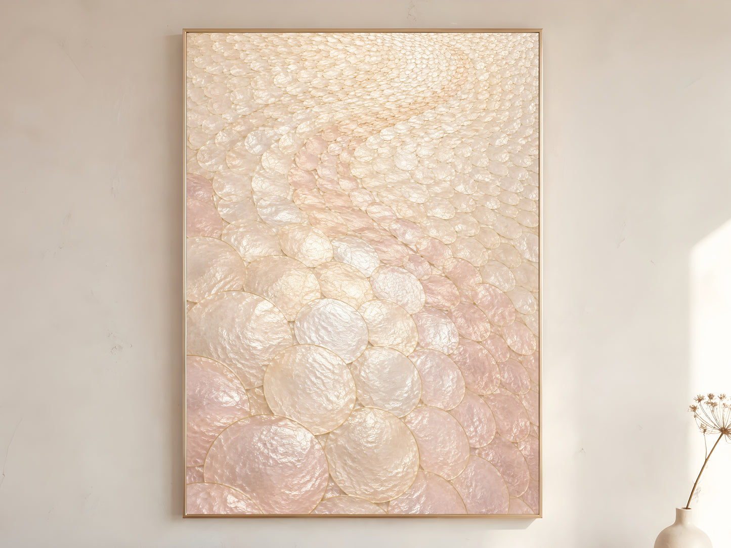 Blush capiz shell wall art in gold frame on neutral wall beside dried flowers
