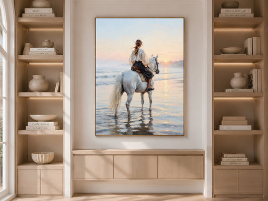 Woman on White Horse Wall Art, Beach Sunset Oil Painting Print - Digital Download