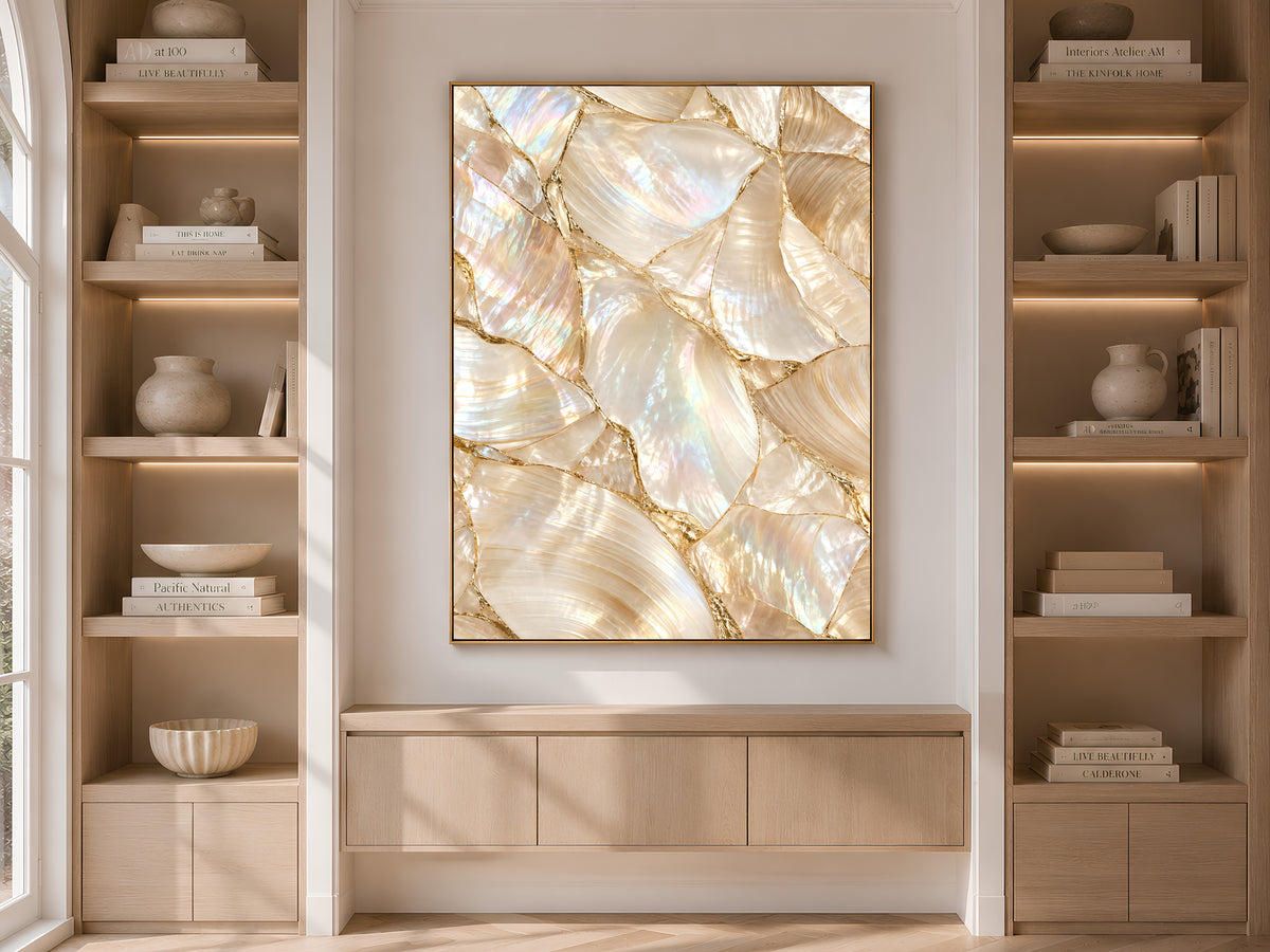 Mother of Pearl Wall Art, Iridescent Shell Print, Gold Kintsugi Coastal Decor, Pearlcore Bathroom Poster, Neutral Printable Instant Download